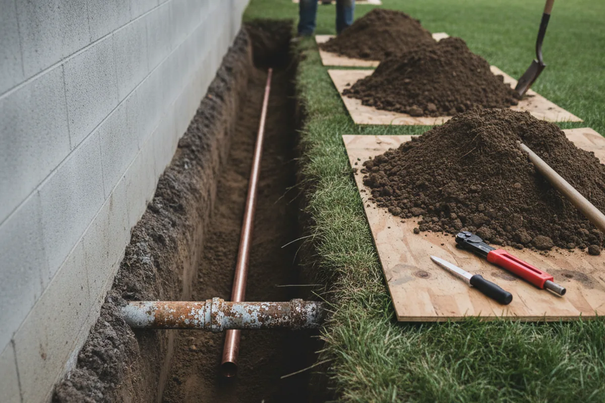Excavated water line trench during Water Softener Installation in Wagarville